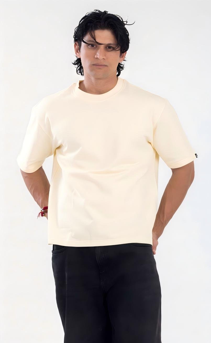 Beige Solid Round Neck Oversized Tshirt - 100% Cotton (260 GSM heavy weight)