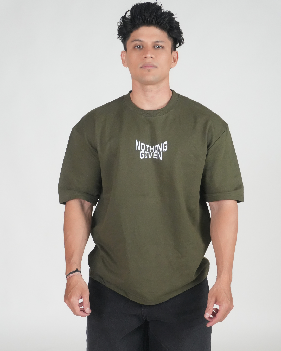 240 GSM Nothing Given Oversized Tshirt - Olive green